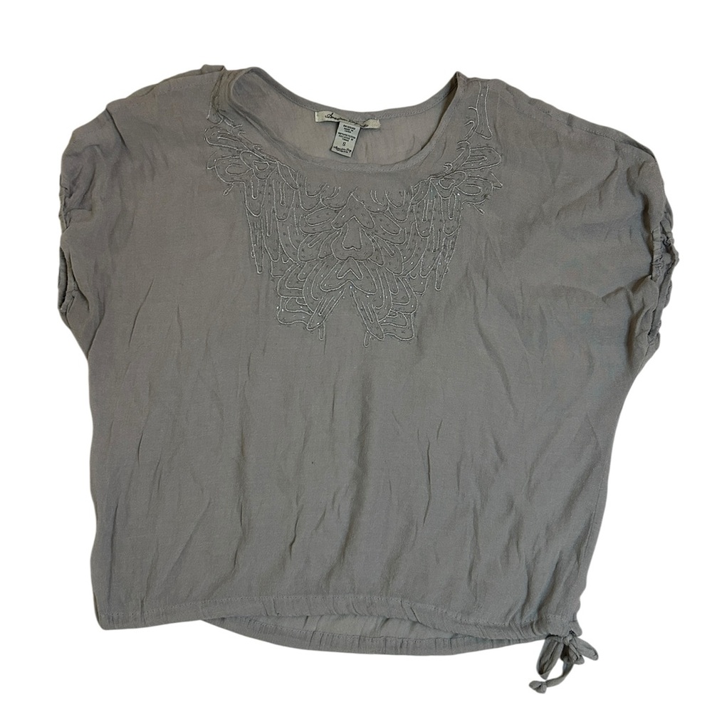 American Rag Cie Light Gray Sequin Cap Sleeve Crop Blouse | Adjustable Hem sz S
